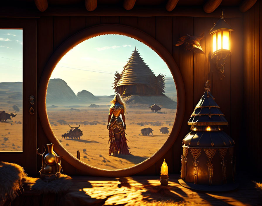 Tribal figure in traditional attire by round window in savanna