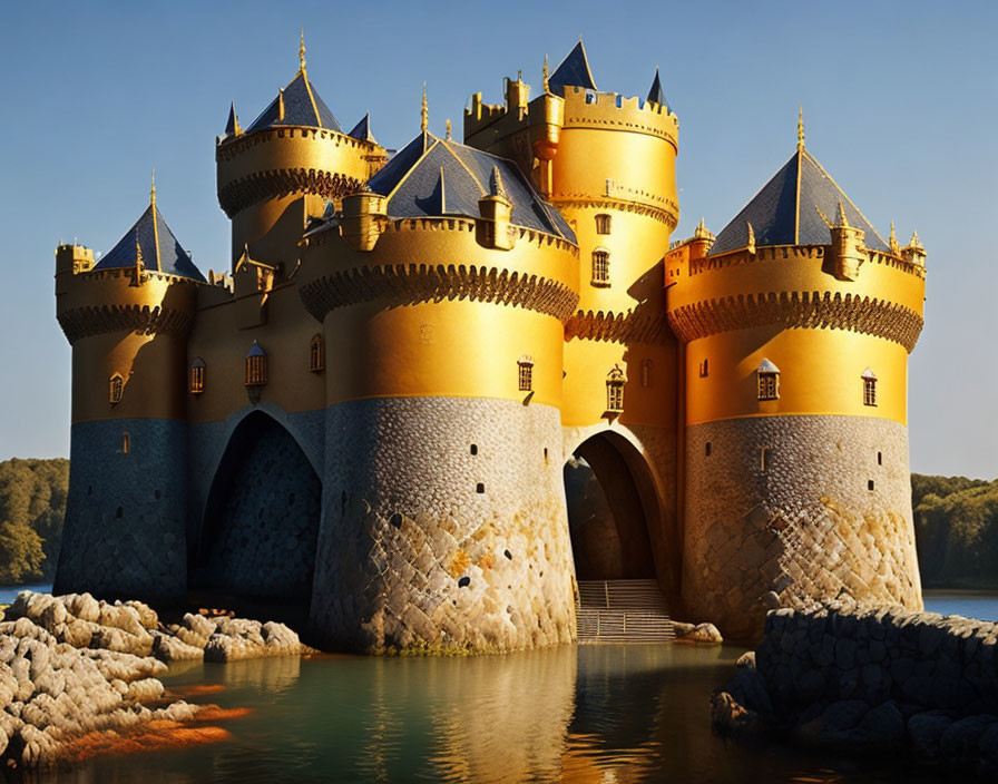 Majestic castle with spires and turrets against blue sky and calm waters