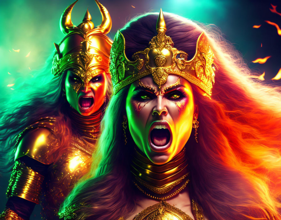 Two female warriors in horned helmets and golden armor in fiery fantasy setting.