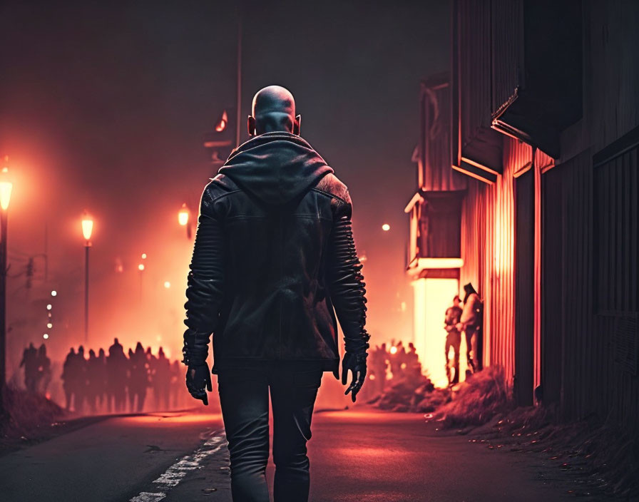 Person in leather jacket walks on hazy, orange-lit street