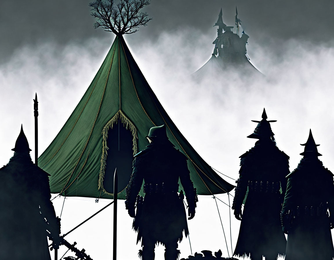 Three cloaked figures by tent, barren tree, eerie castle.