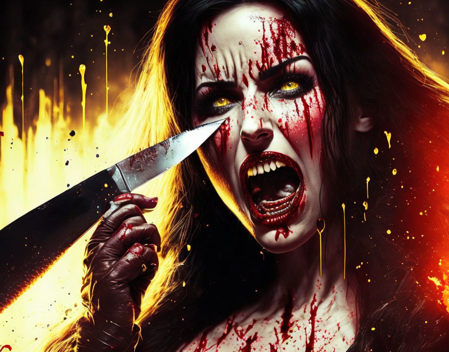 Bloody makeup woman with knife in fiery setting