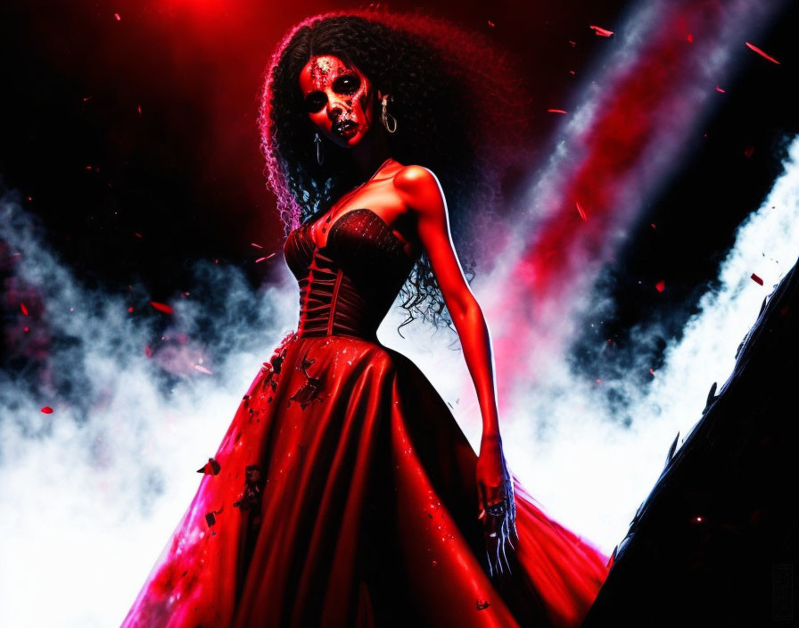 Gothic figure in ornate red dress with striking makeup amid dark hues