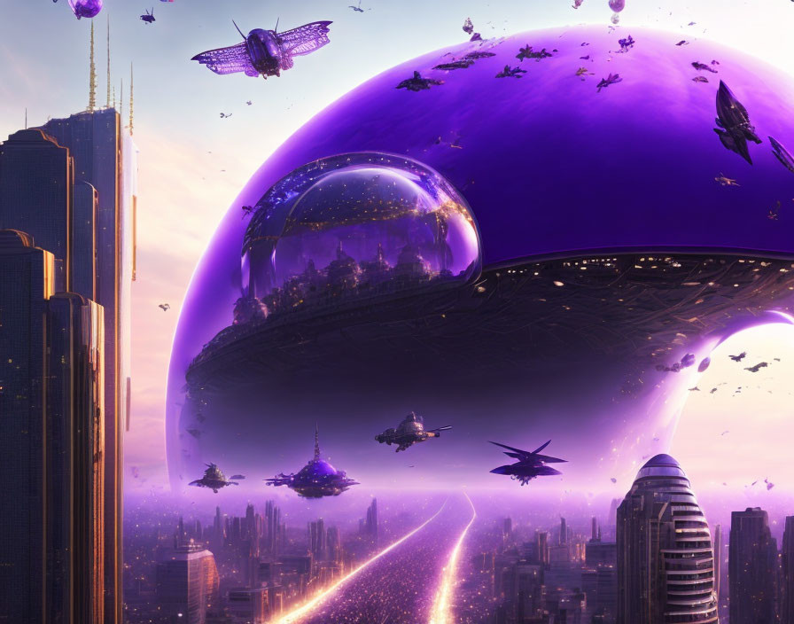 Futuristic cityscape with floating purple dome & flying vehicles