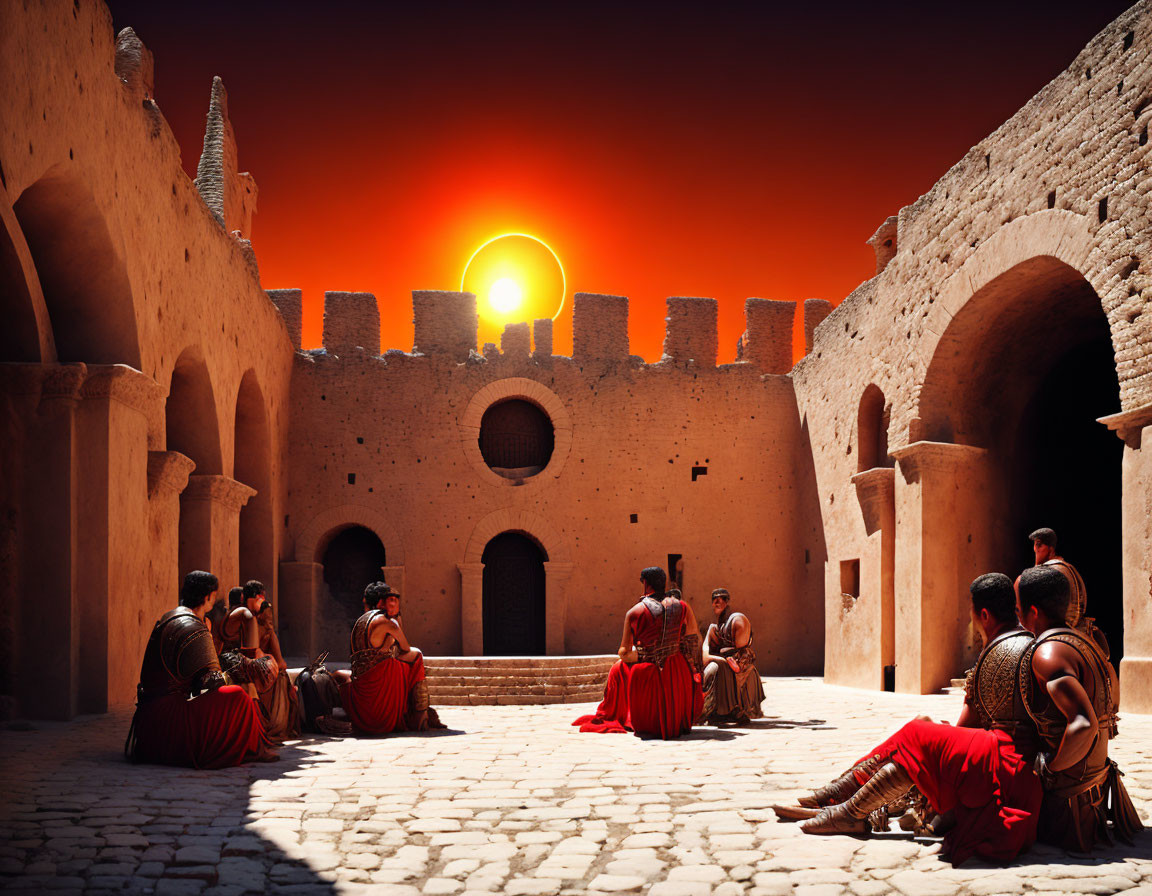 Ancient warriors in red cloaks at sunlit fort courtyard.