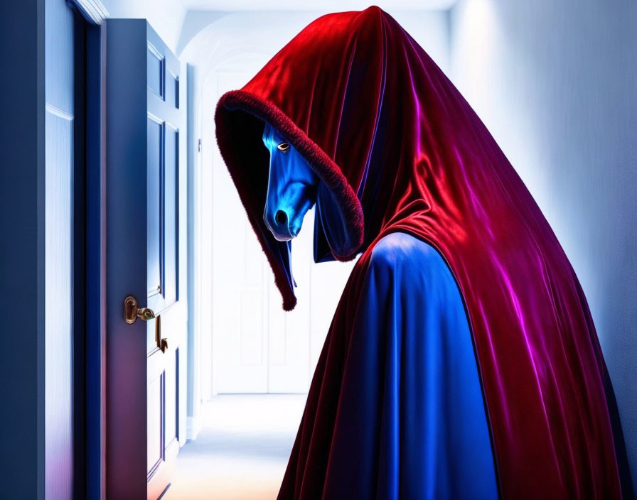 Person in Blue Mask and Red Robe in Dimly Lit Corridor