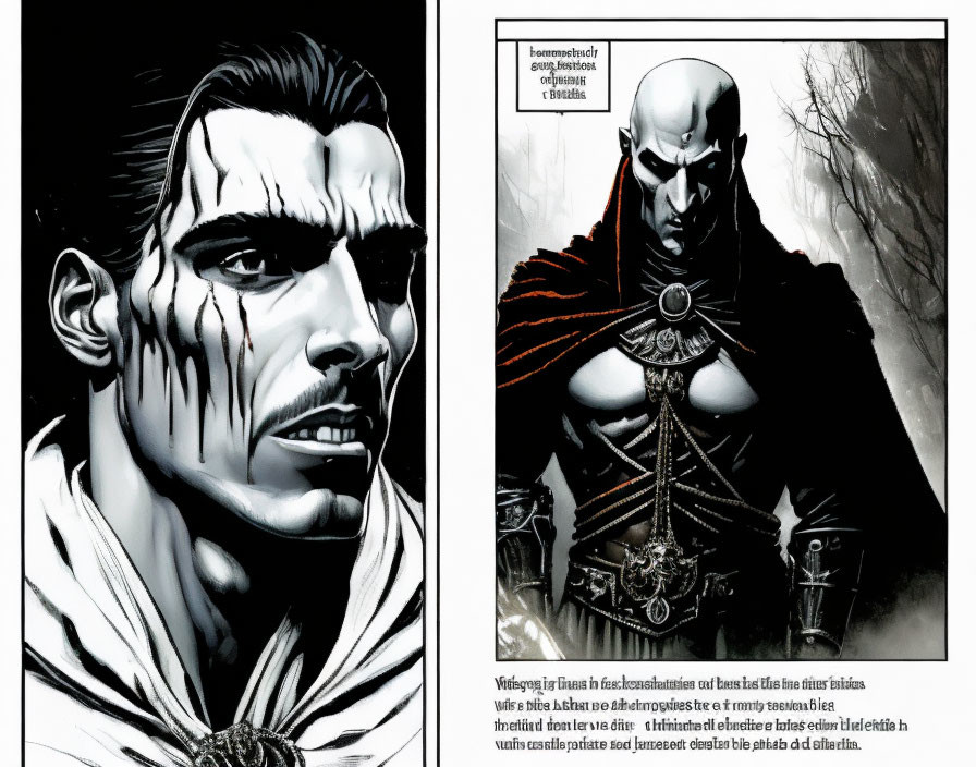 Long-haired man and bald character with facial tattoos in comic panels