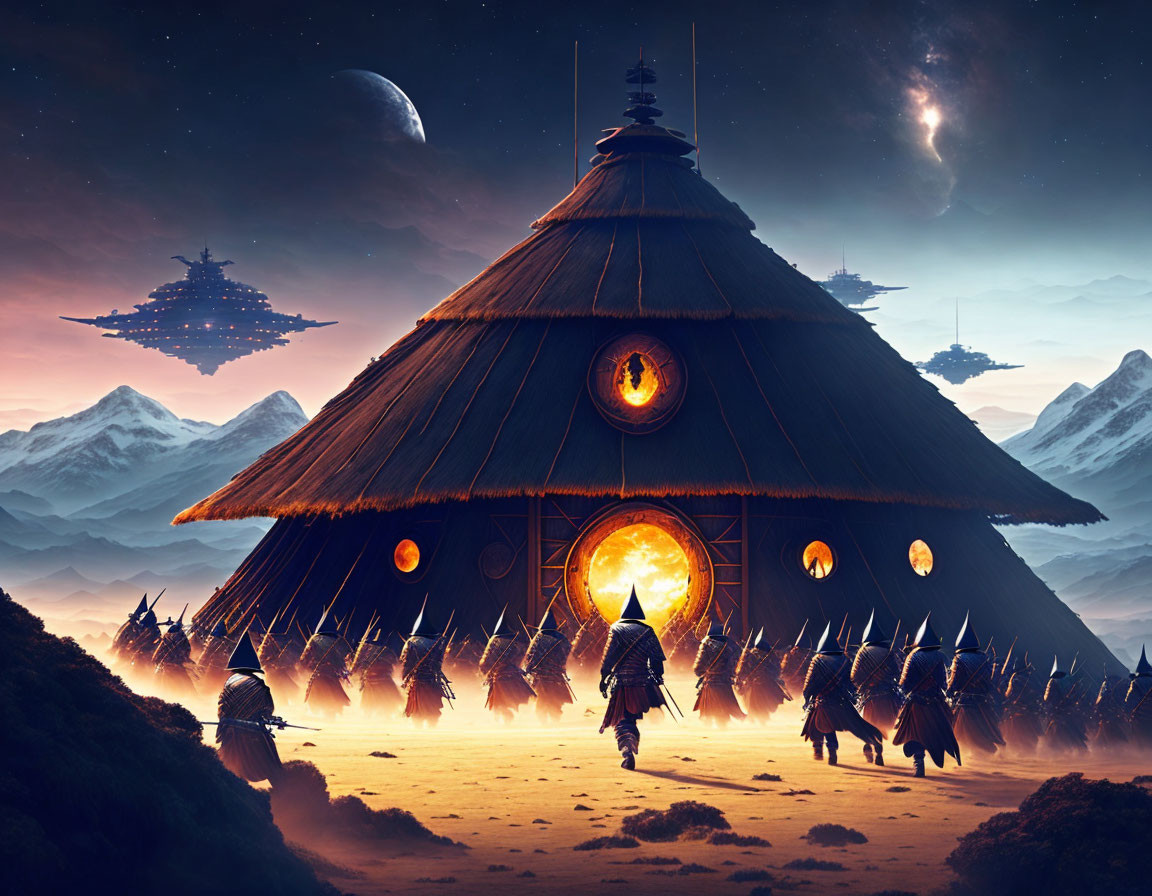 Thatch-roofed hut under starry sky with hovering spaceships