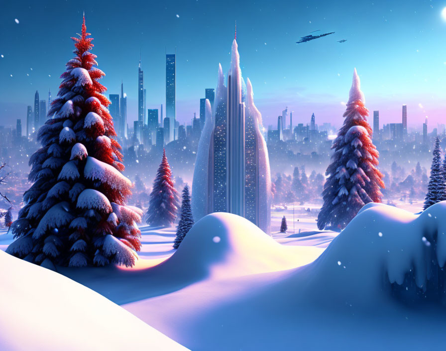 Snowy winter scene with evergreen trees, skyscrapers, dusk sky, and flying vehicle