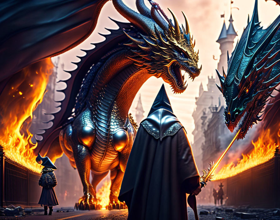 Cloaked Figure Confronts Dragon in Fantasy Scene