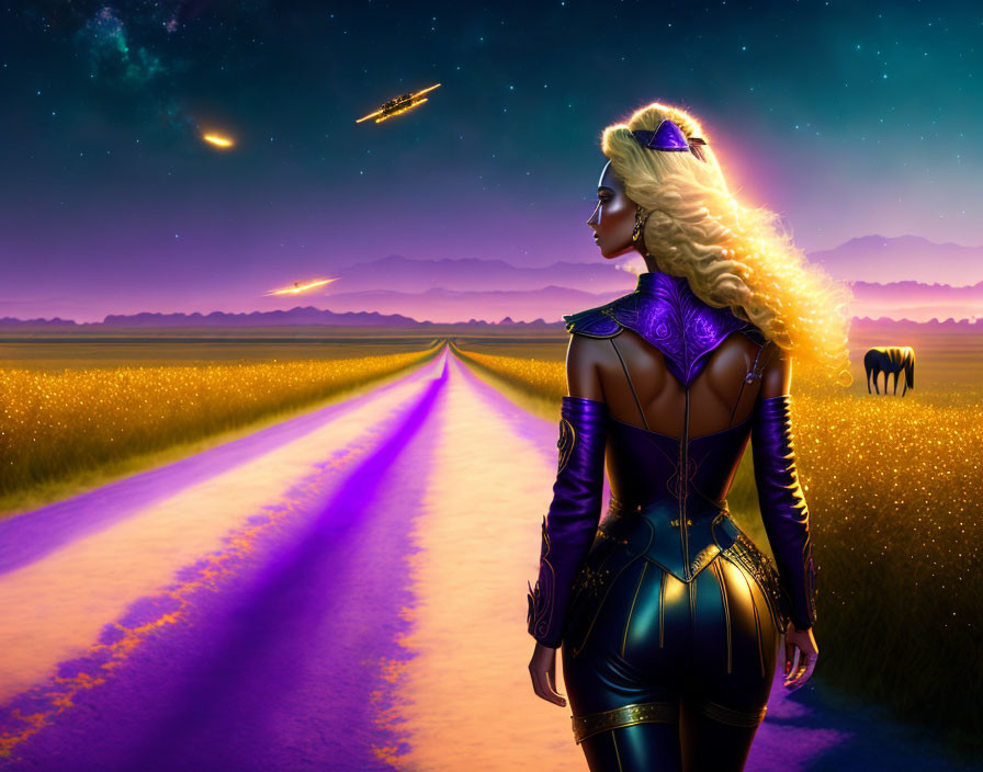 Futuristic armor woman under starlit sky with shooting stars on purple-lit path.