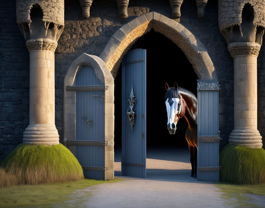 Brown and White Horse Exiting Medieval Castle Gate at Twilight