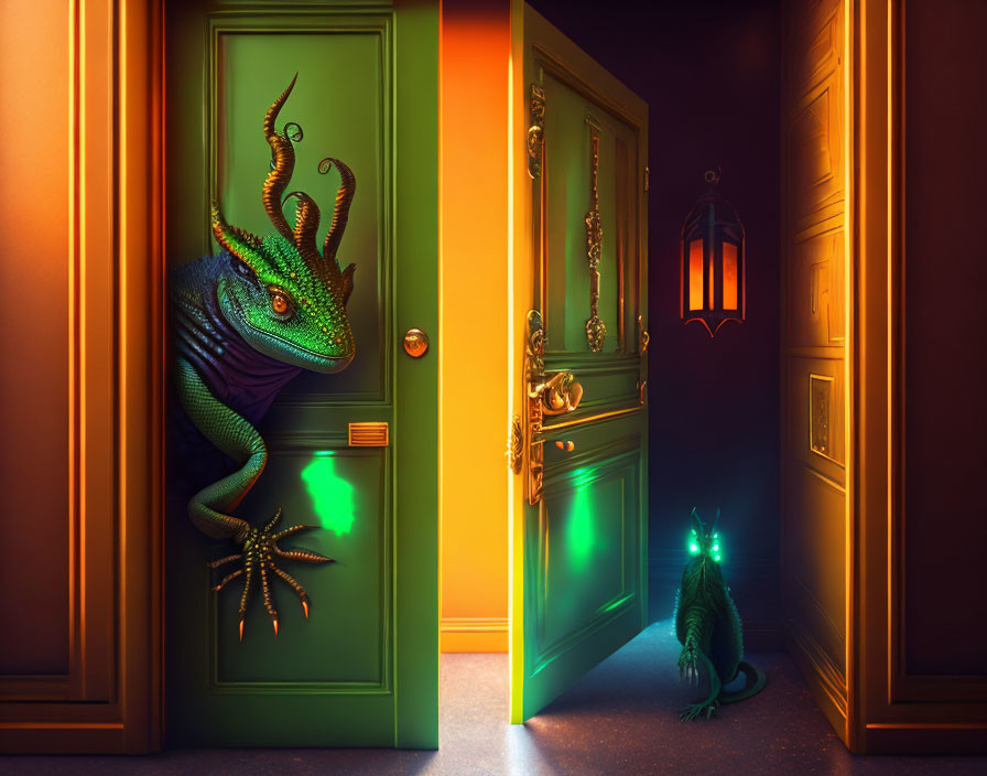 Colorful chameleon and glowing-eyed cat in dimly lit hallway with lanterns