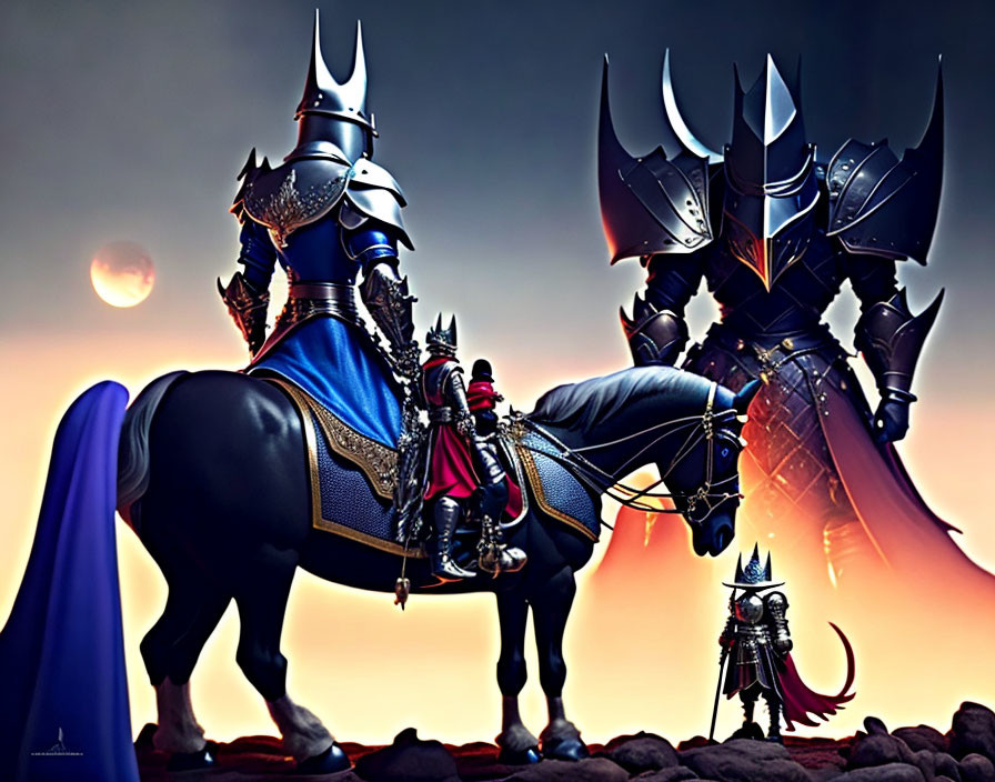 Three armored knights on horseback against fiery sky and dark landscape