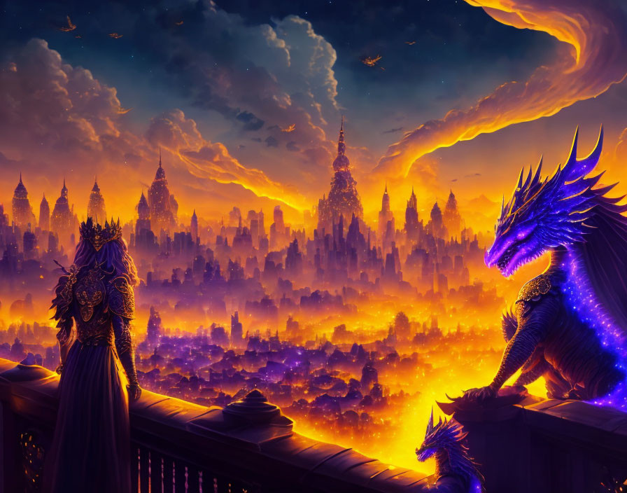 Armored figure and dragon in fantastical city at sunset