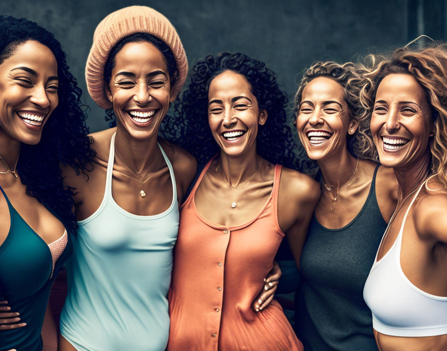 Group of Five Women Laughing in Casual and Fitness Wear