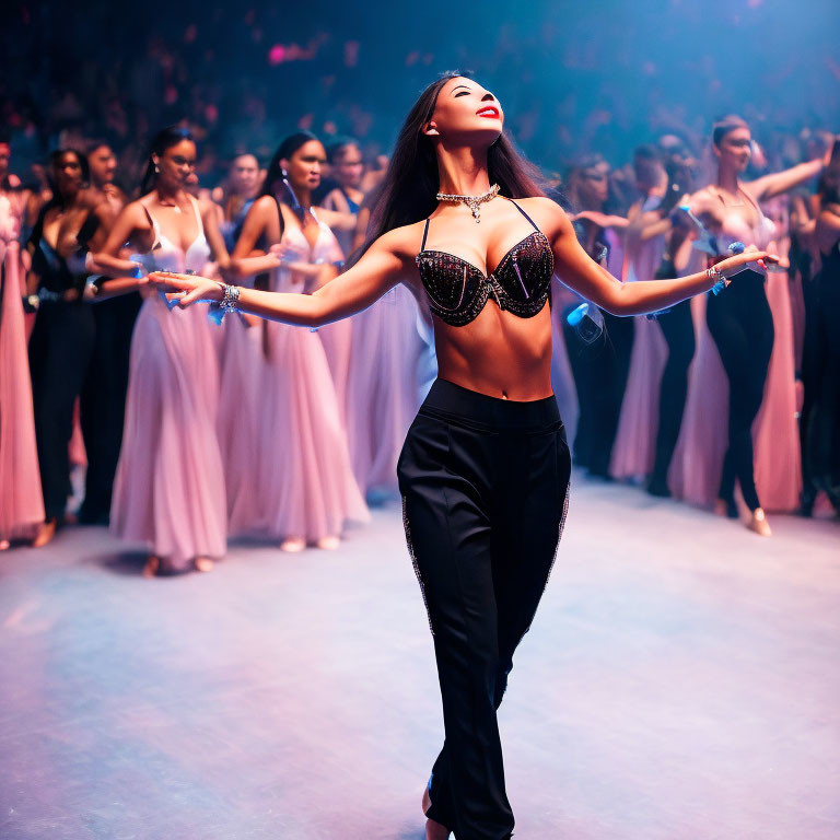 Dancing woman in sparkly attire, group in flowy dresses under purple lighting