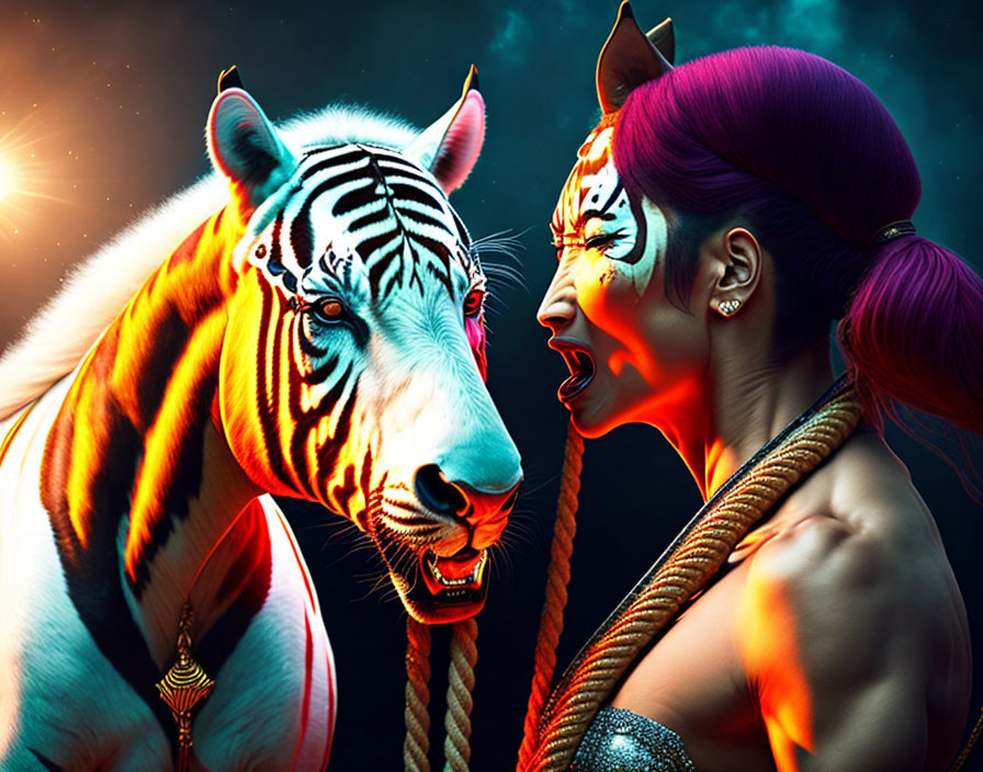 Woman with Tiger Face Paint Roaring Alongside Real Tiger on Dark Background