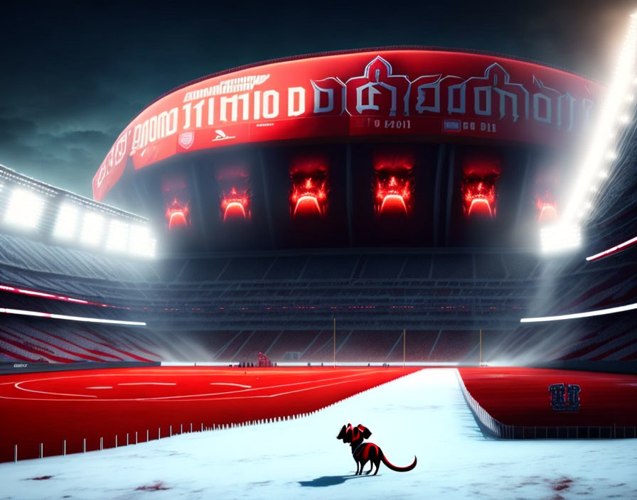 Dog in illuminated stadium with red track and futuristic scoreboard.