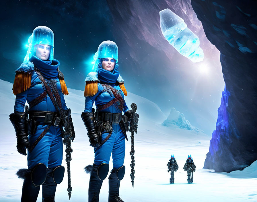 Futuristic blue outfits on snowy landscape with giant crystals