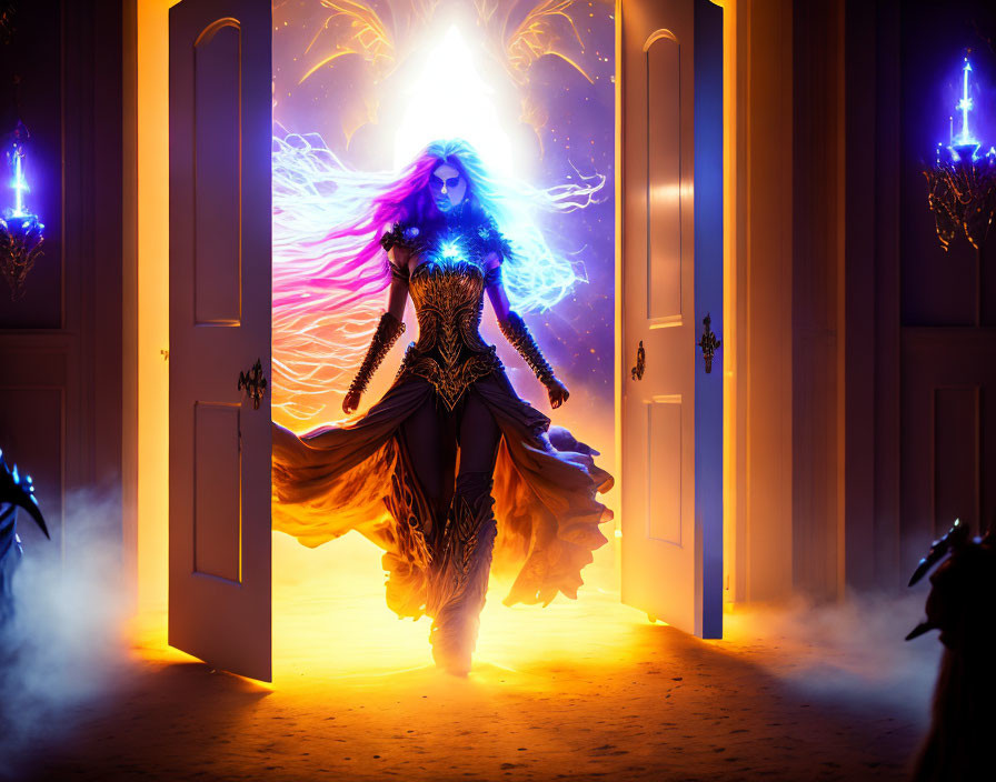 Mystical figure with vibrant hair and glowing armor in doorway.