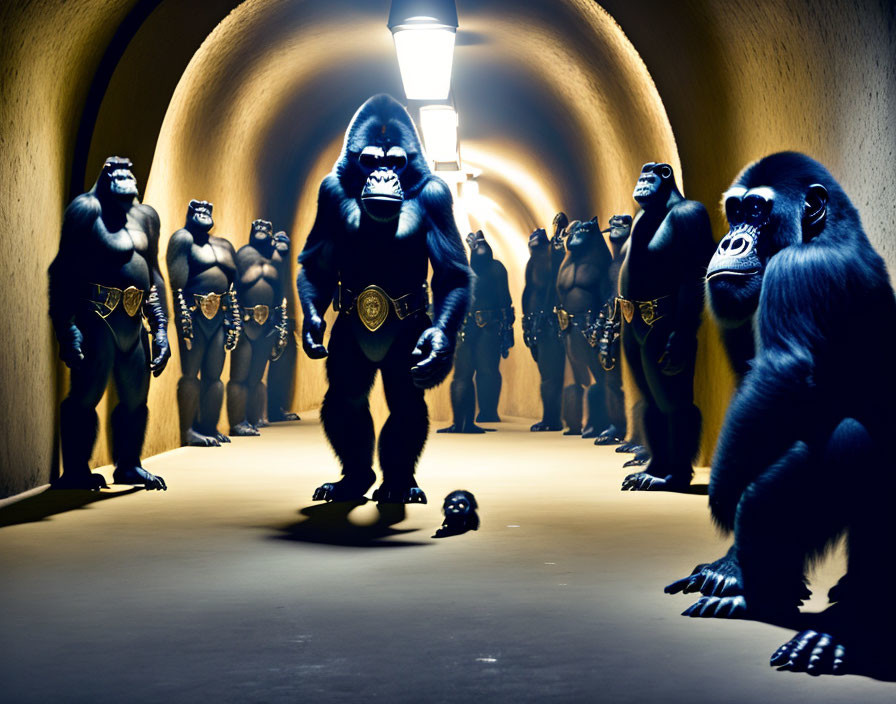 Group of people in gorilla costumes with police badges in tunnel, one seated in foreground