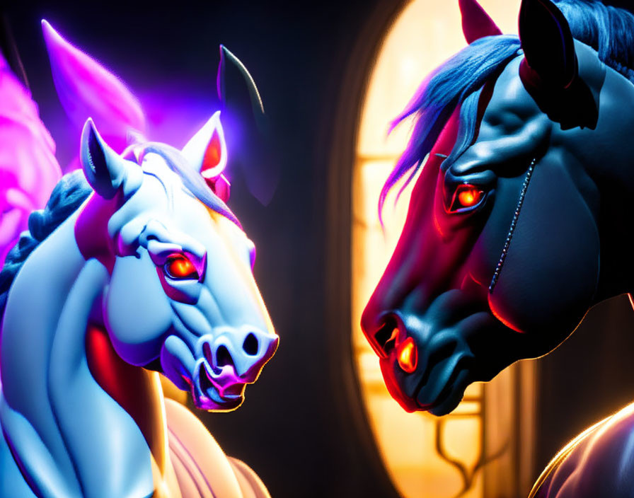 Neon-lit purple and blue horse heads on yellow background