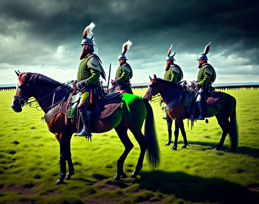 Medieval knights on horseback in green field with dramatic sky.