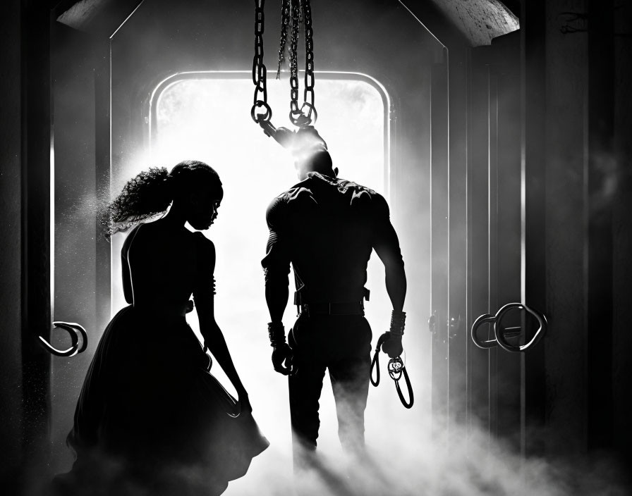 Dramatic foggy silhouette of man and woman with chains