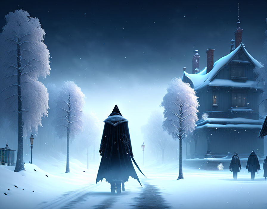 Cloaked figure approaching Victorian house on snowy night