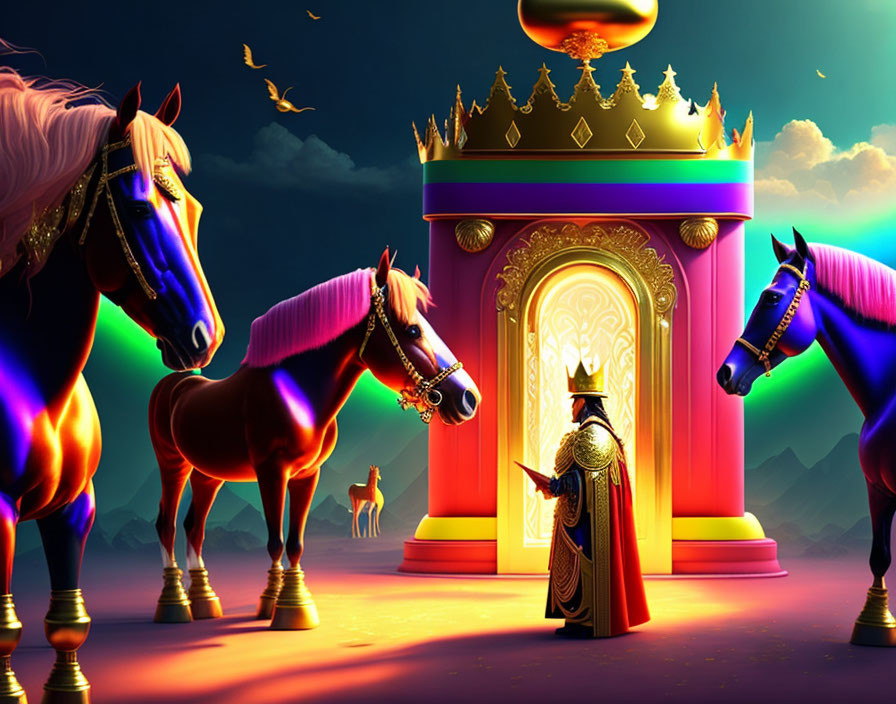 Regal figure in ornate armor before grand throne and majestic horses under twilight sky