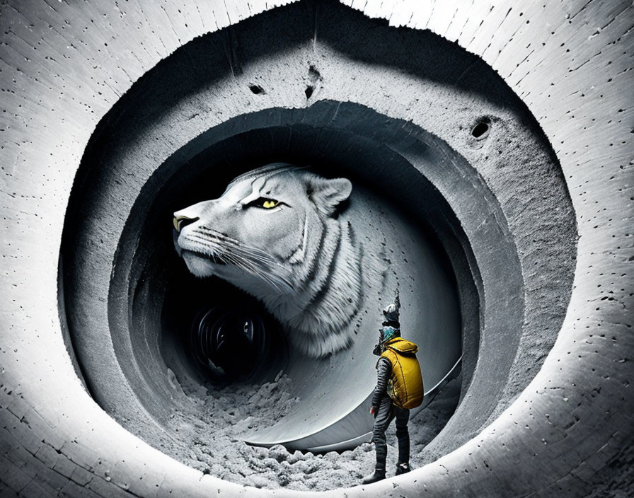 Person with yellow backpack faces giant white tiger face in dark tunnel