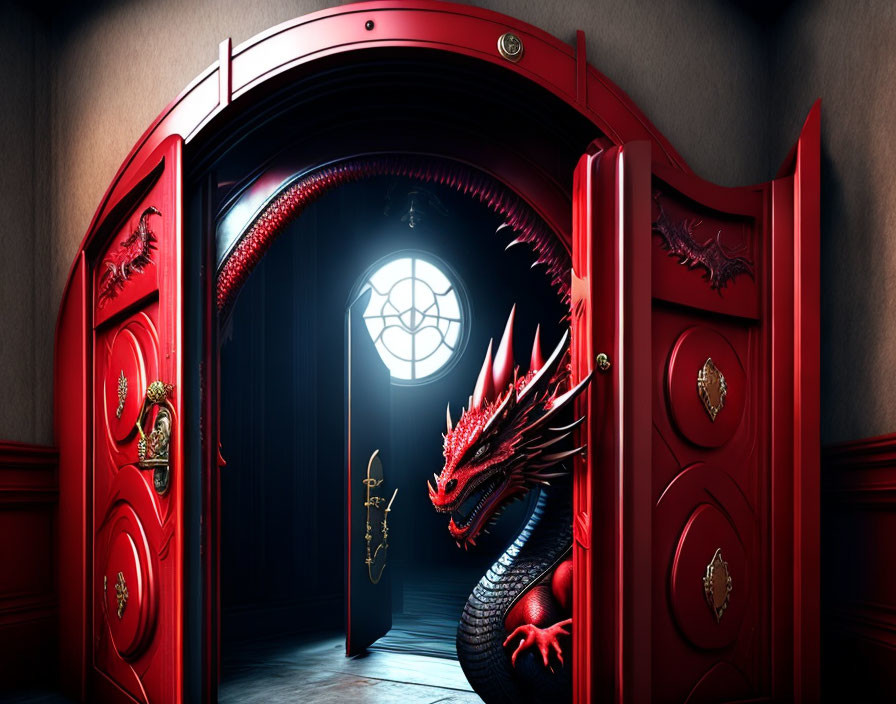 Vivid red door with dragon designs and ornate round window in dark room