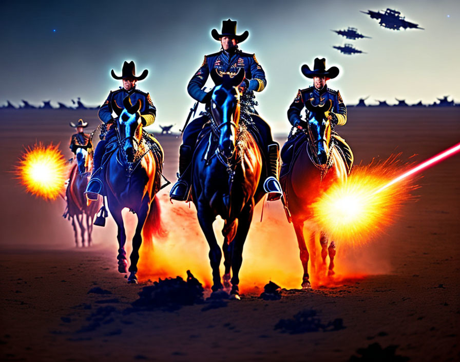 Futuristic cowboys on horses with advanced weaponry in desert setting