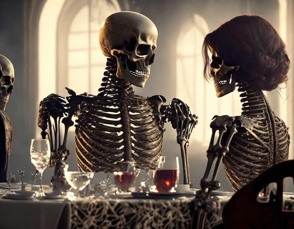 Macabre artistic image: four skeletons at dinner table