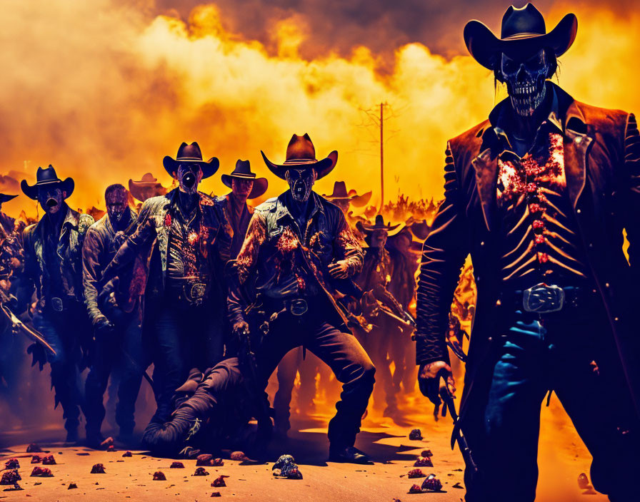 Intimidating cowboy figures and skeletal cowboy in supernatural western scene