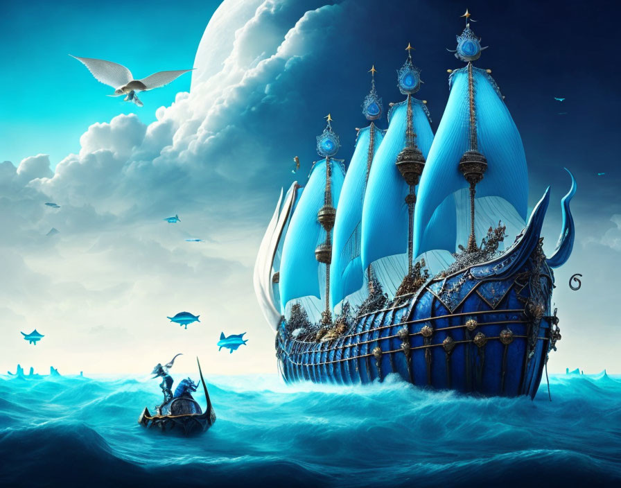 Fantastical image of large ship with blue sails on choppy sea, flying fish, small boat