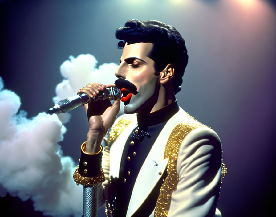 Mustachioed Performer Singing on Stage with Dramatic Lighting and Smoke