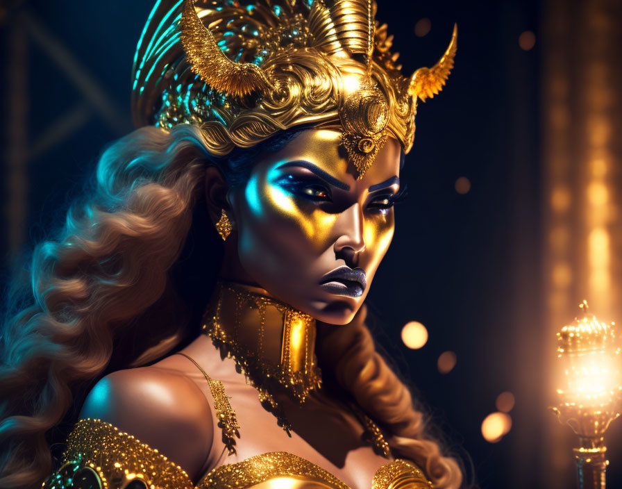 Fantasy portrait of woman in golden regalia with horns and crown