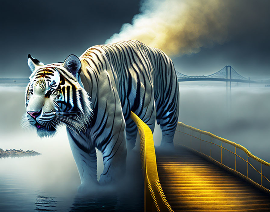 White tiger in misty landscape with spiral pathway and bridge