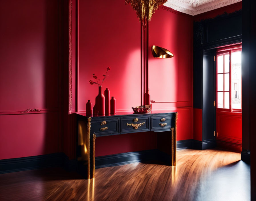 Luxurious Red Room with Classic Console Table and Modern Wall Lamp