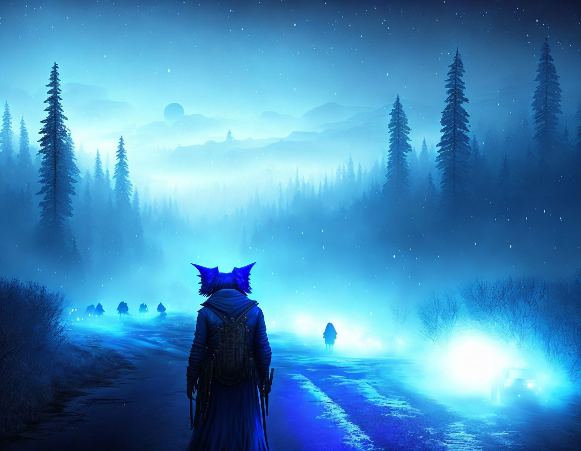 Blue-haired figure on moonlit road gazes at distant figure in ethereal forest