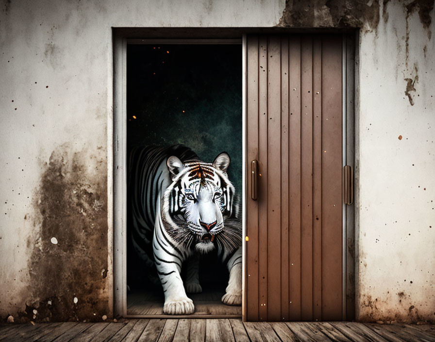 White Tiger with Black Stripes Emerging from Dark Room