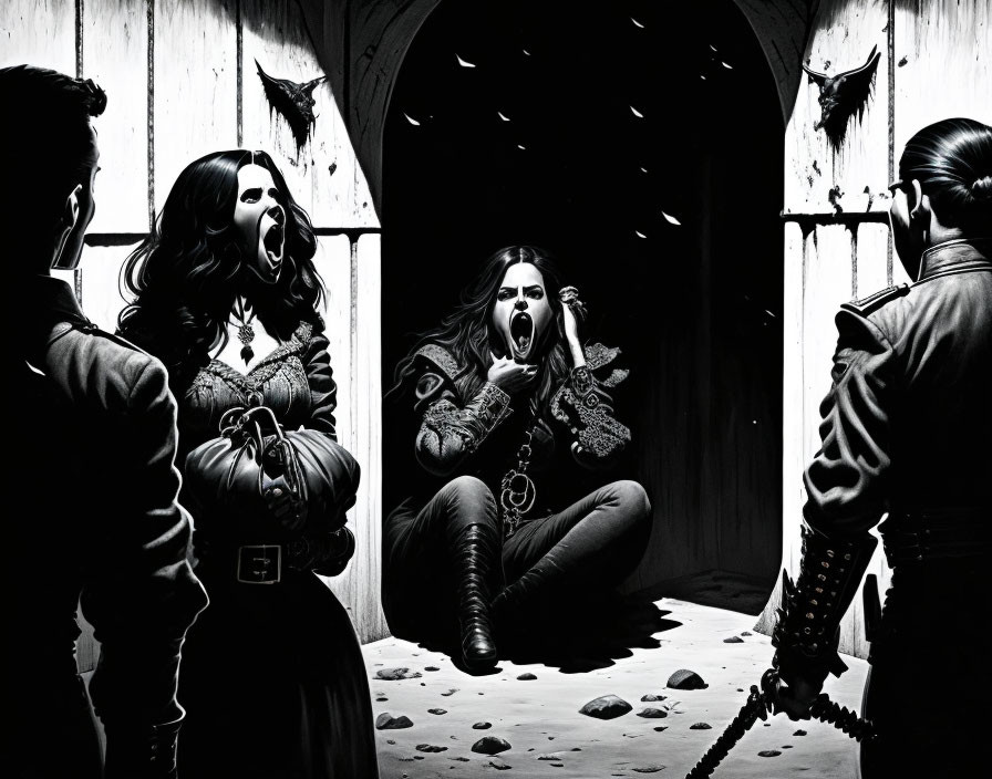 Monochrome artwork of woman in fear with menacing figures and chainsaws