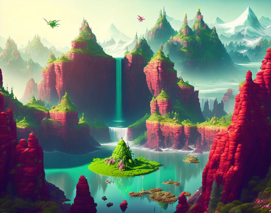 Vibrant fantasy landscape with greenery, cliffs, waterfalls, lakes, and flying creatures