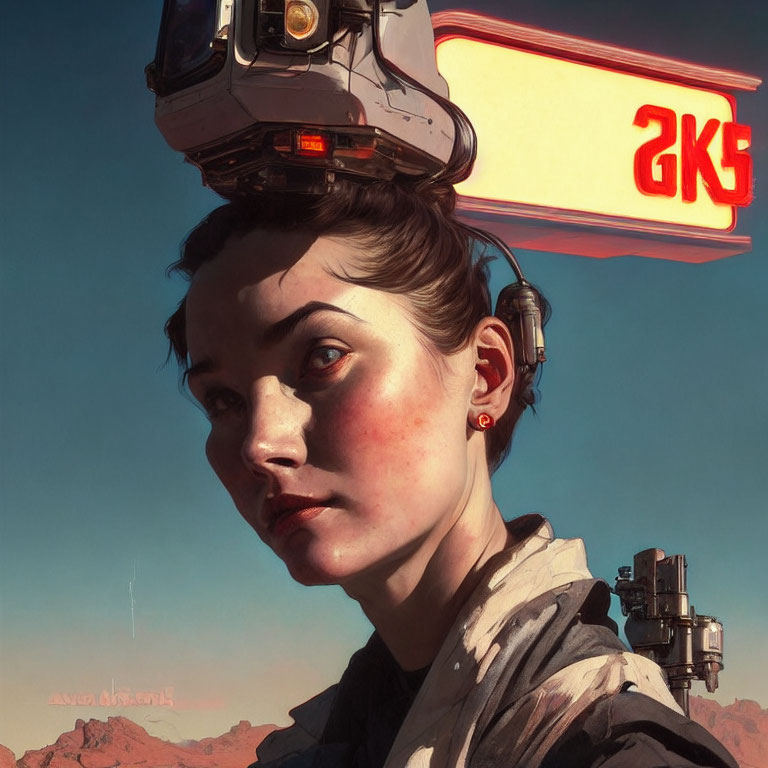 Female with robotic headset and 2KG sign in desert landscape
