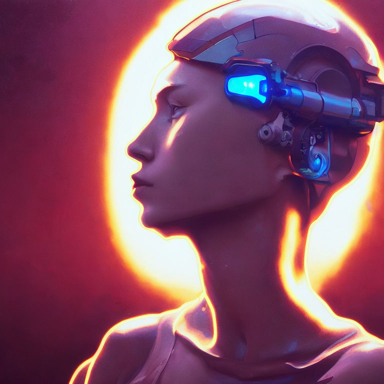 Futuristic cybernetic headgear on person with red halo background