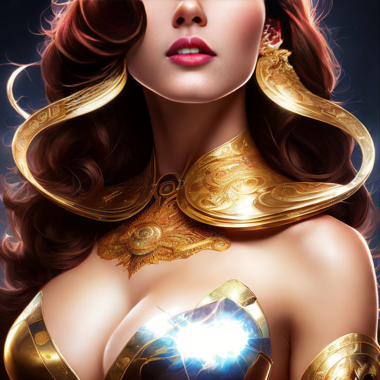 Stylized portrait of woman in red hair & golden armor with blue gemstone