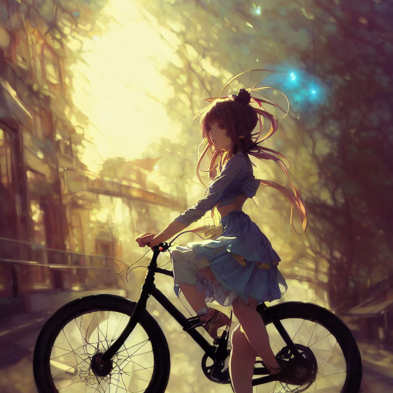 Girl with long hair rides bike on sunlit street with glowing blue orbs