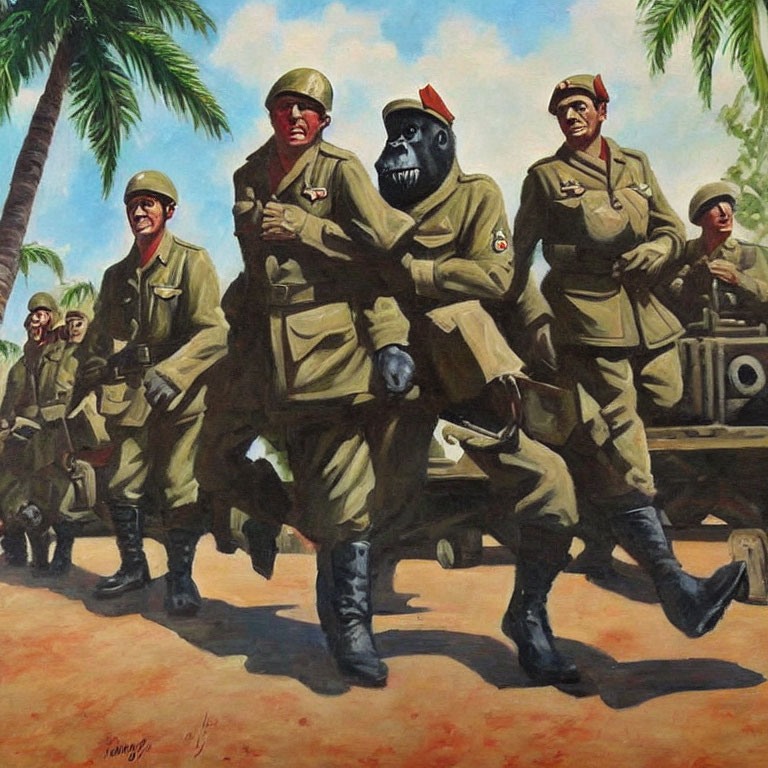 Soldiers in World War II uniforms marching with one comically portrayed as a gorilla